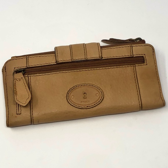 Fossil Wallet Tate Clutch Light Tan Cowhide Leather Teal Polka Dot Interior - Picture 3 of 9